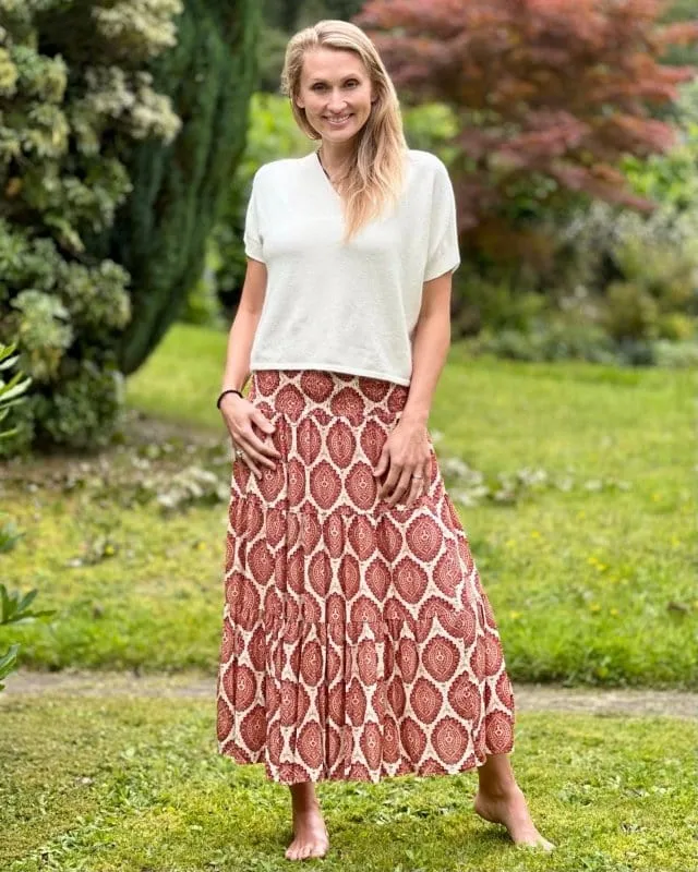 Patterned Tiered Skirt/Dress - Rust Red