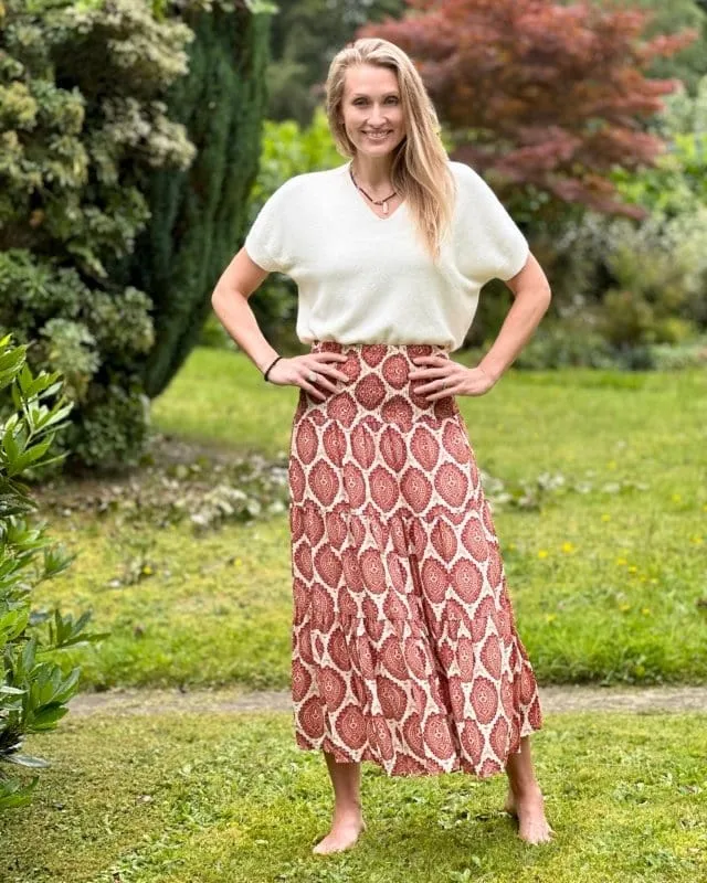 Patterned Tiered Skirt/Dress - Rust Red