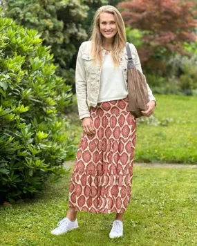 Patterned Tiered Skirt/Dress - Rust Red