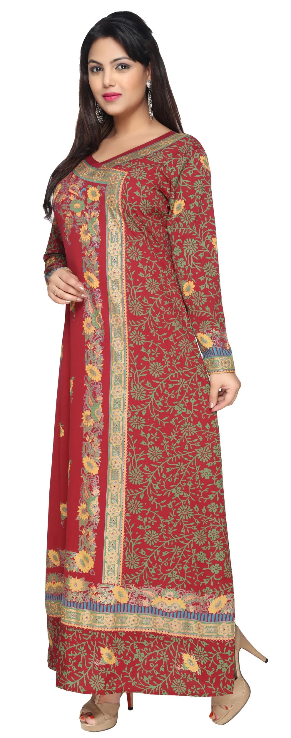 Printed Evening Kaftan Womens Long Dress Abayas (Red)