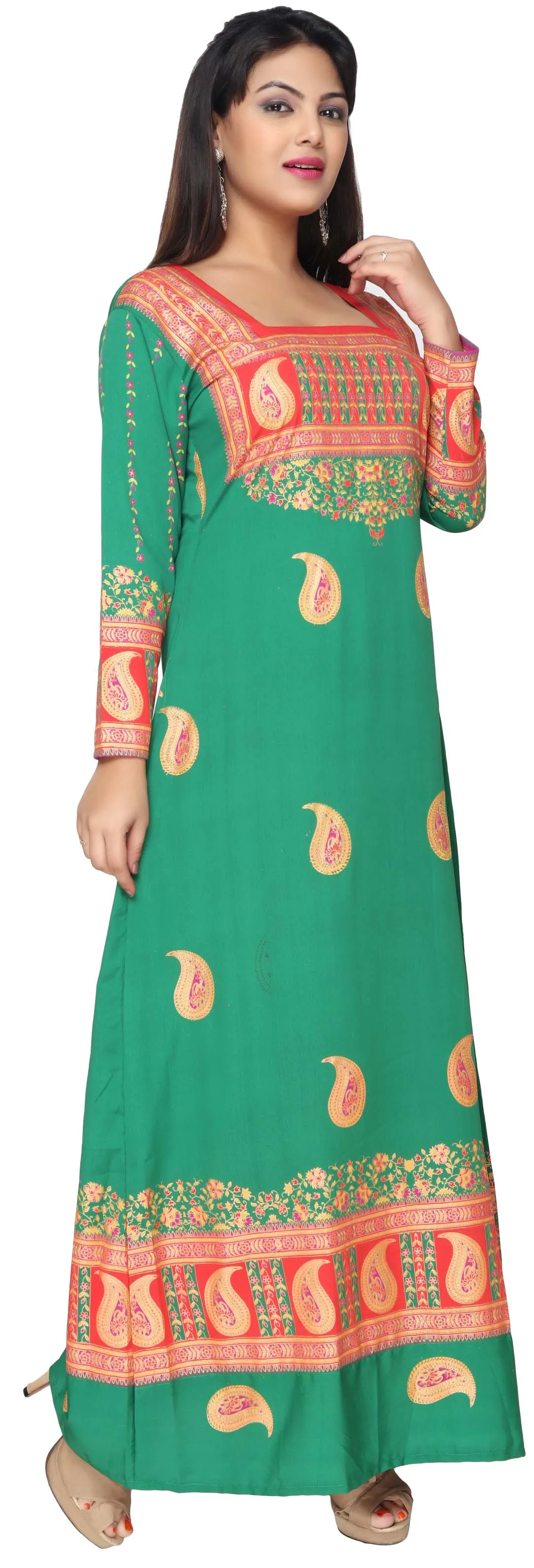 Printed Women's Caftan Long Evening Dress Long Sleeve (Green)