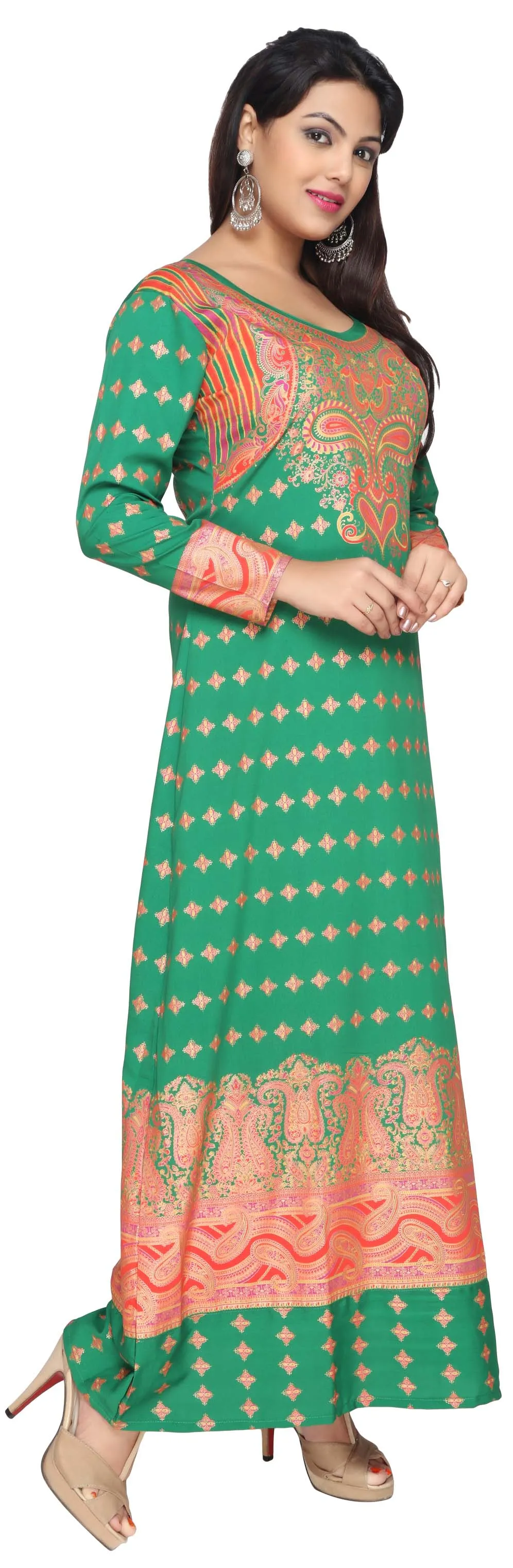 Printed Women's Kaftan Maxi Long Evening Dress (Green)