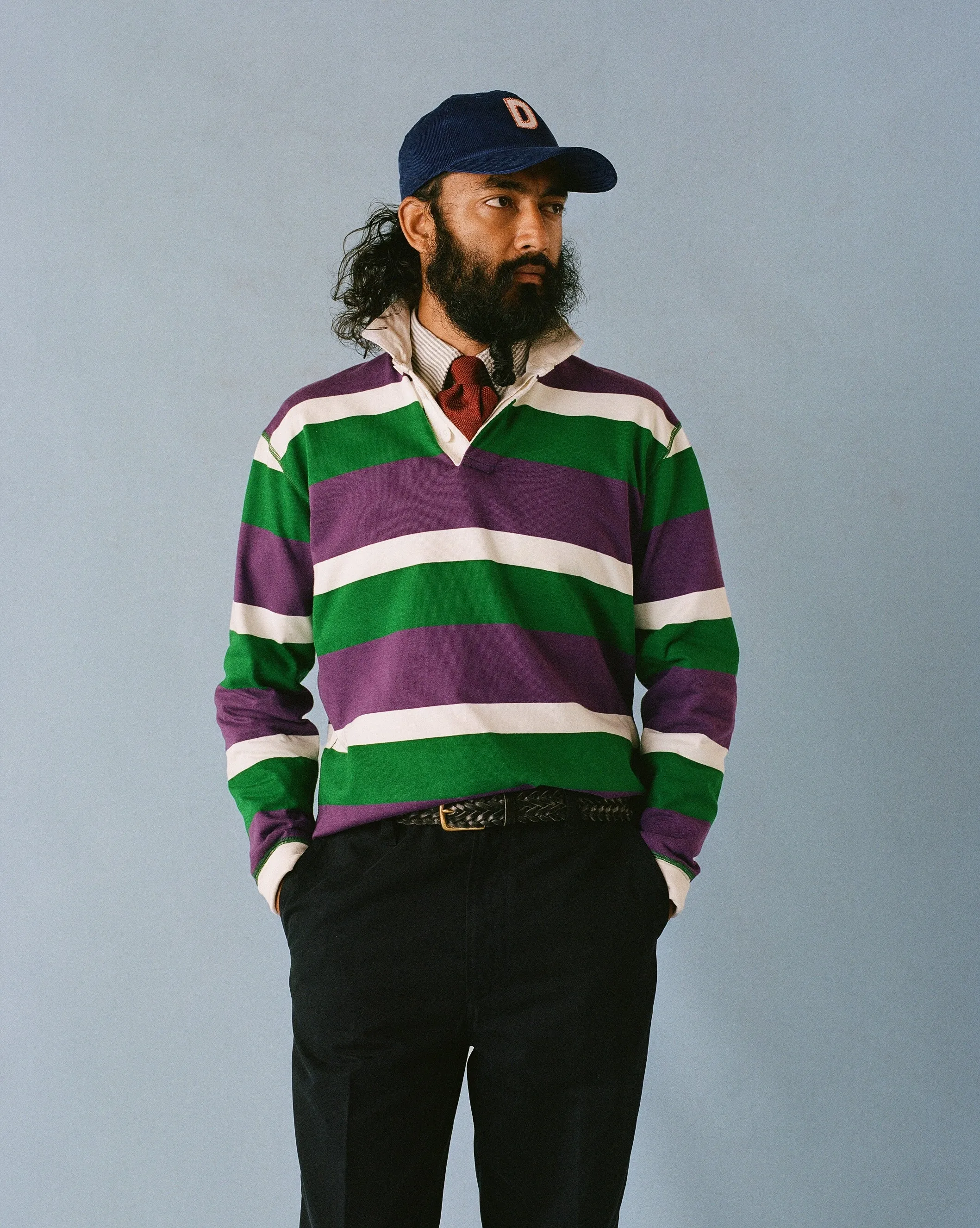 Purple, Green and White Stripe Cotton Rugby Shirt