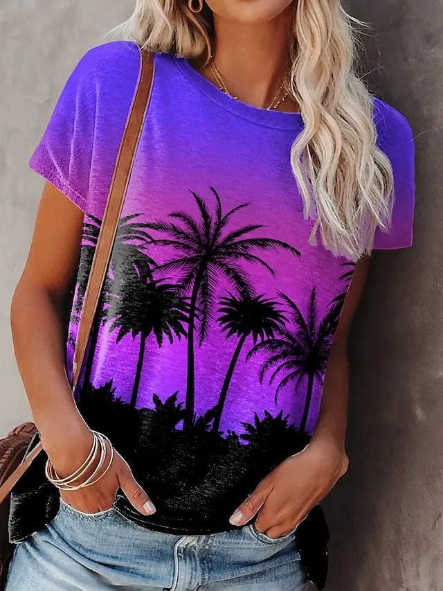 Purple Plants Print Women's Casual Holiday T-Shirt