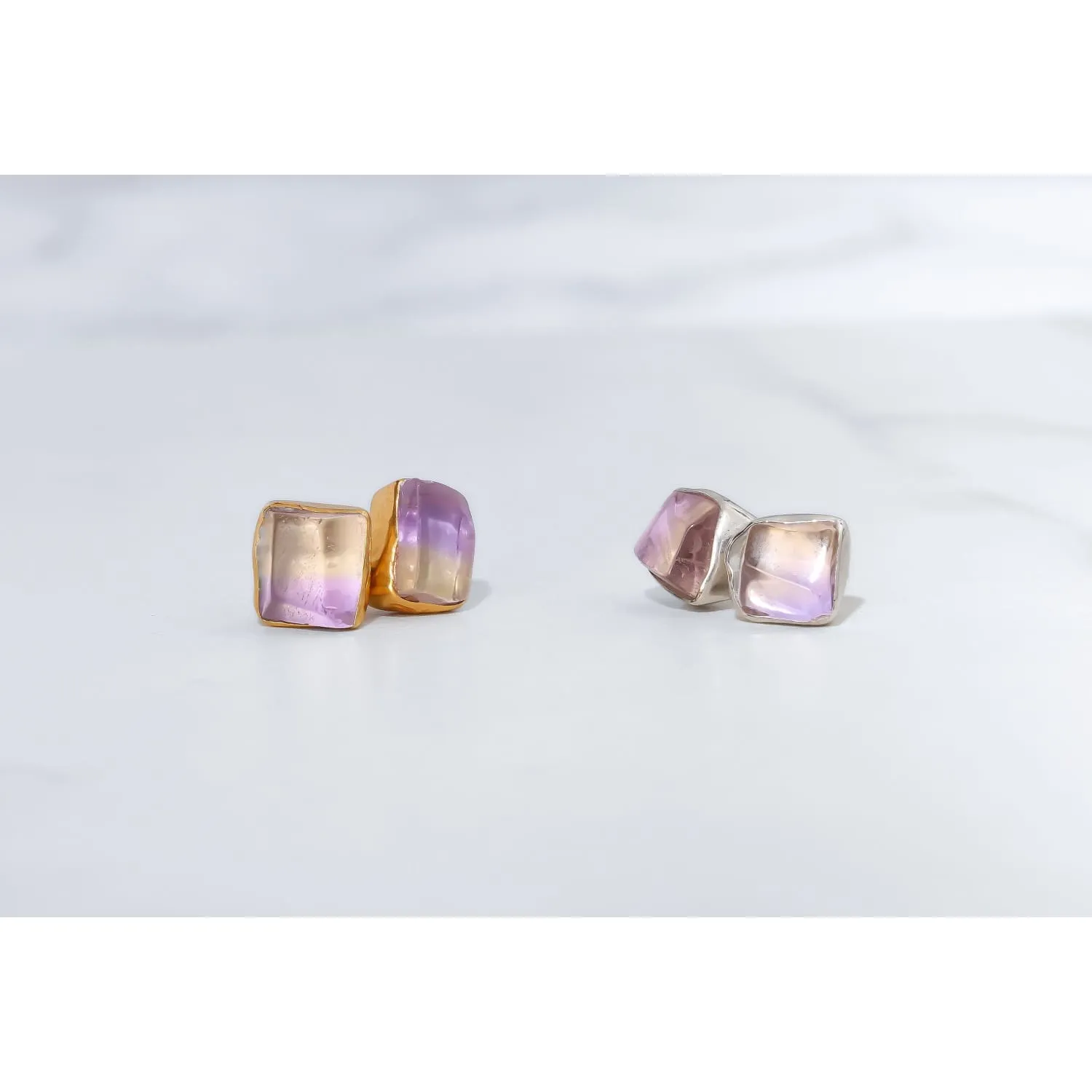 Raw Ametrine Stud Earrings w/ Gold Fill, Unique Natural Amethyst and Citrine Rough Crystal Jewelry. Cube Rectangle Gemstone. Handmade in USA