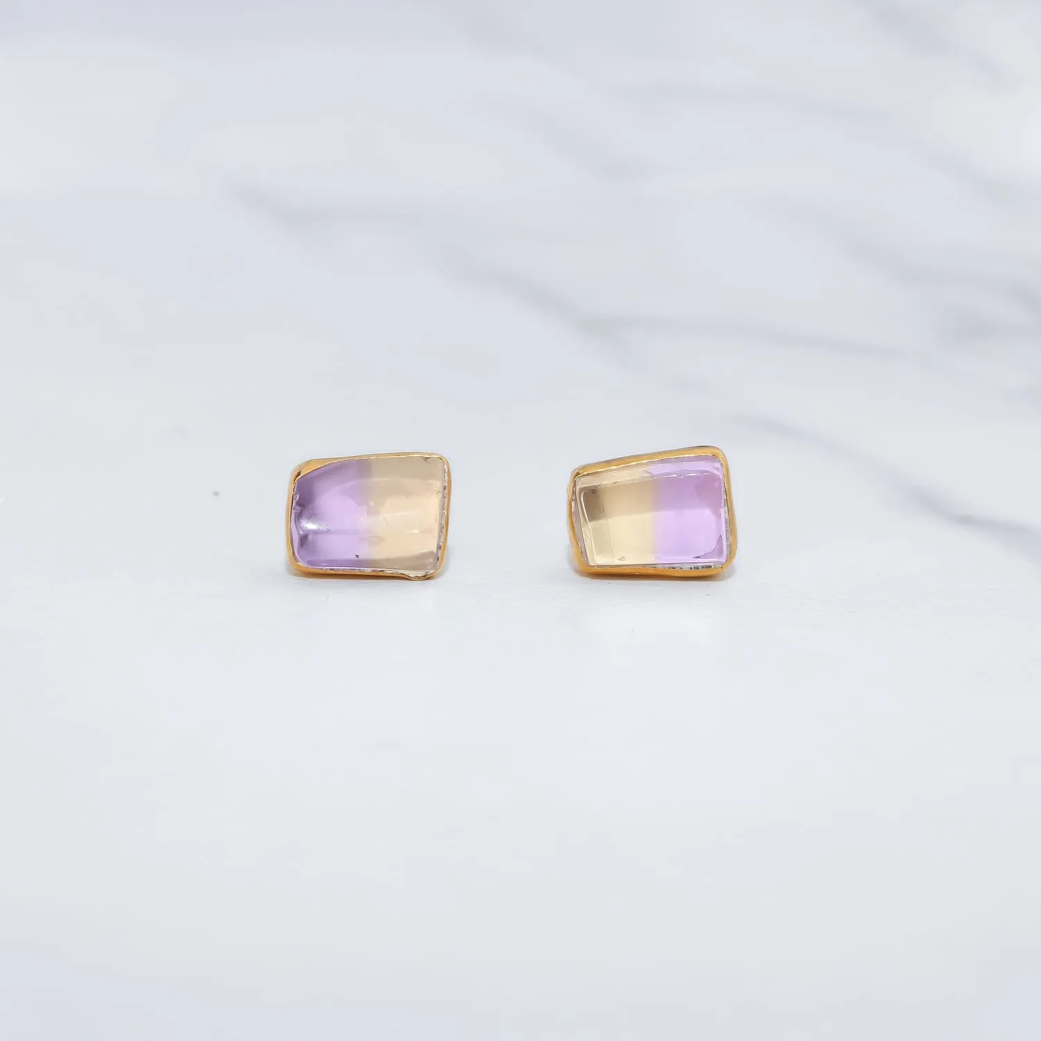 Raw Ametrine Stud Earrings w/ Gold Fill, Unique Natural Amethyst and Citrine Rough Crystal Jewelry. Cube Rectangle Gemstone. Handmade in USA