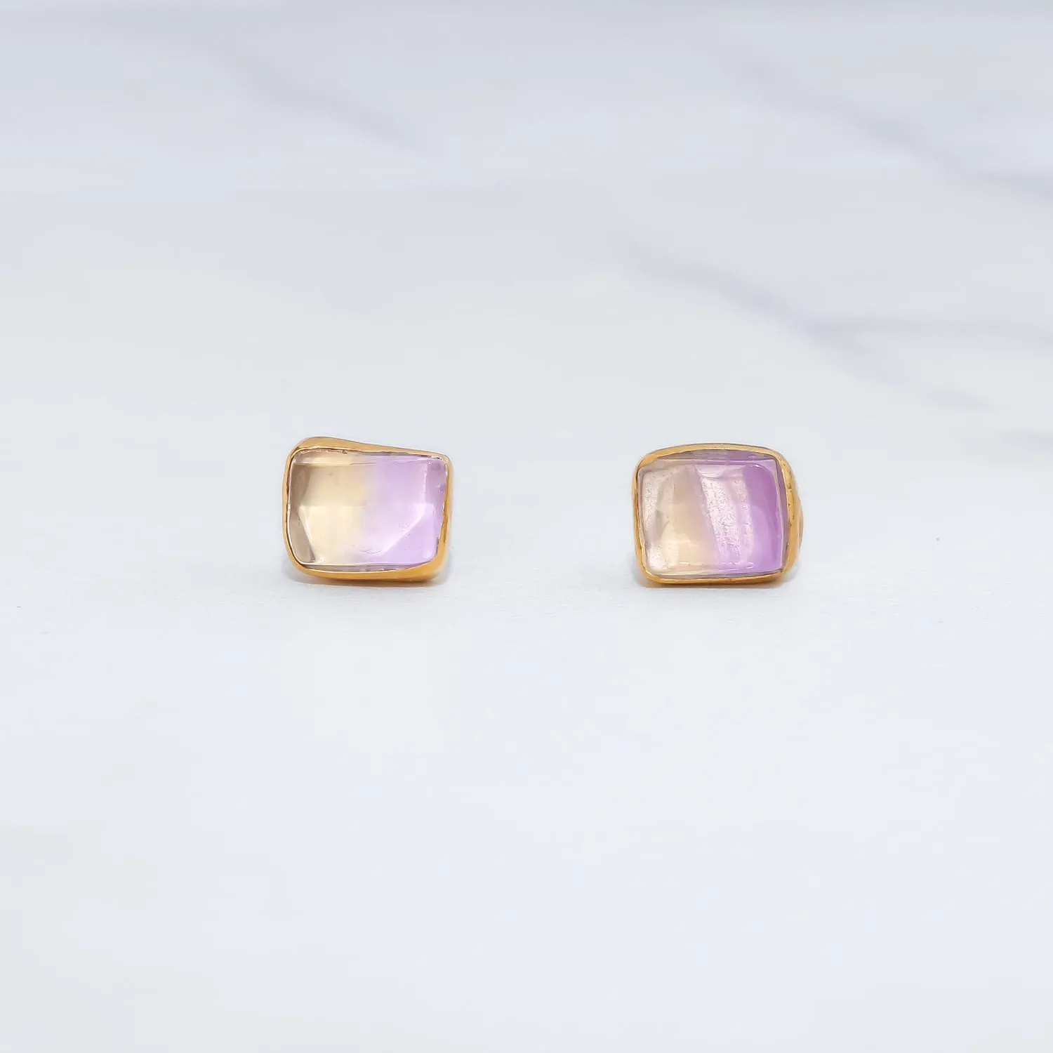 Raw Ametrine Stud Earrings w/ Gold Fill, Unique Natural Amethyst and Citrine Rough Crystal Jewelry. Cube Rectangle Gemstone. Handmade in USA