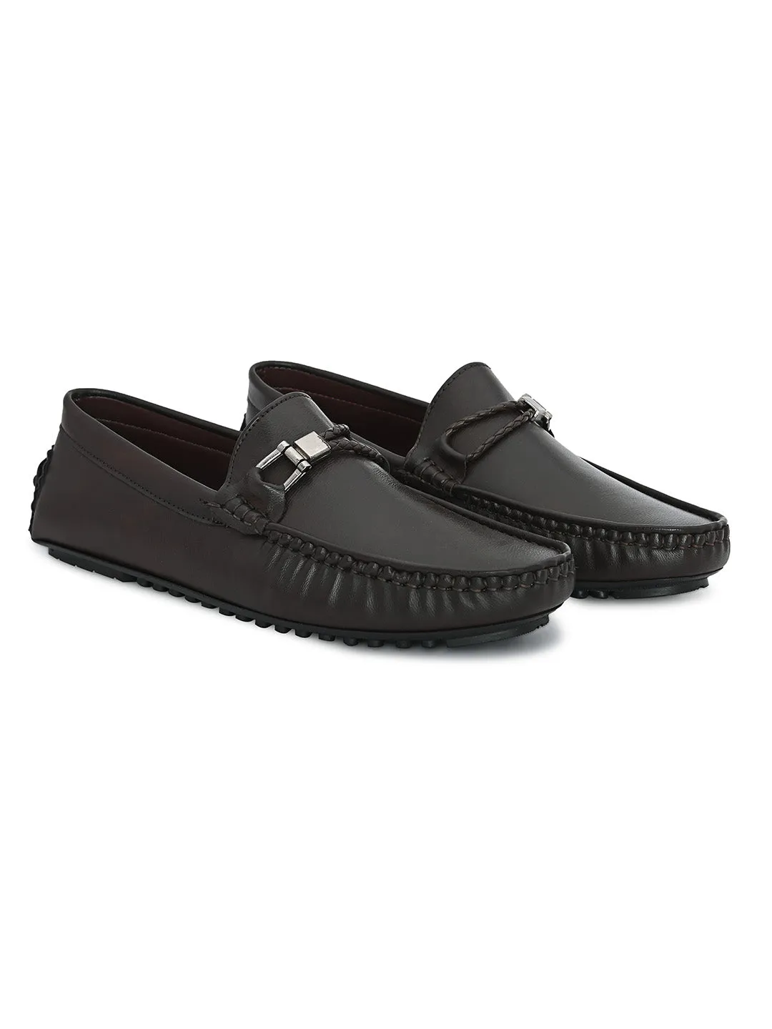 Round Toe Buckle Brown Loafers