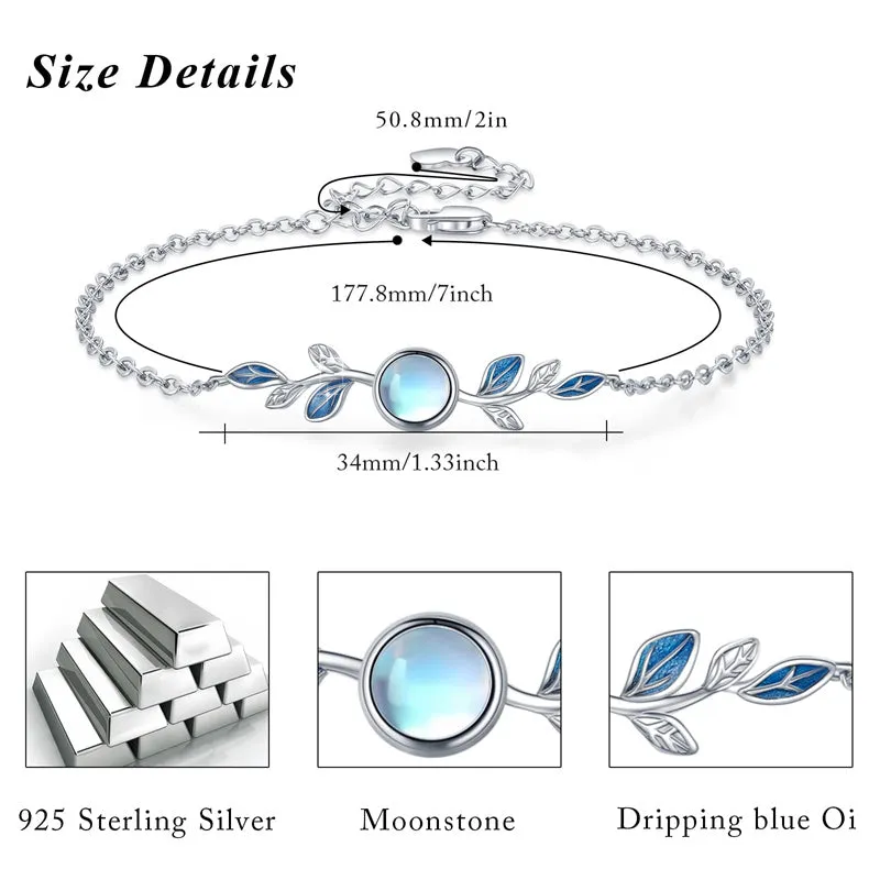 S925 Sterling Silver Moonstone Leaf BraceletOlive Leaf Jewelry for Women Girls Mother Mom Wife Moonstone Bracelet Jewelry Gift