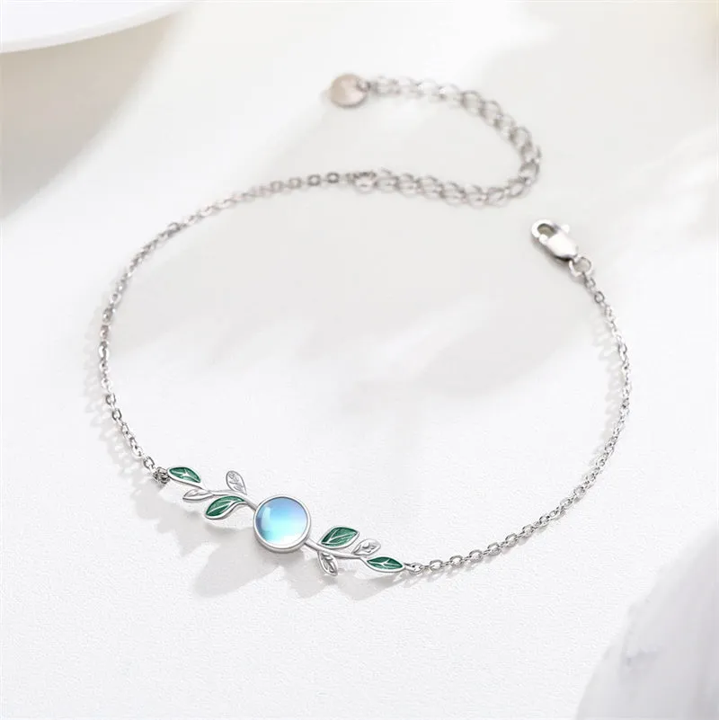 S925 Sterling Silver Moonstone Leaf BraceletOlive Leaf Jewelry for Women Girls Mother Mom Wife Moonstone Bracelet Jewelry Gift