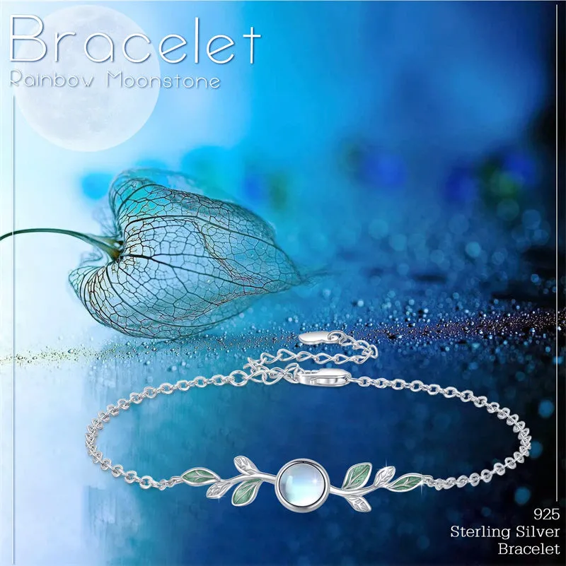 S925 Sterling Silver Moonstone Leaf BraceletOlive Leaf Jewelry for Women Girls Mother Mom Wife Moonstone Bracelet Jewelry Gift