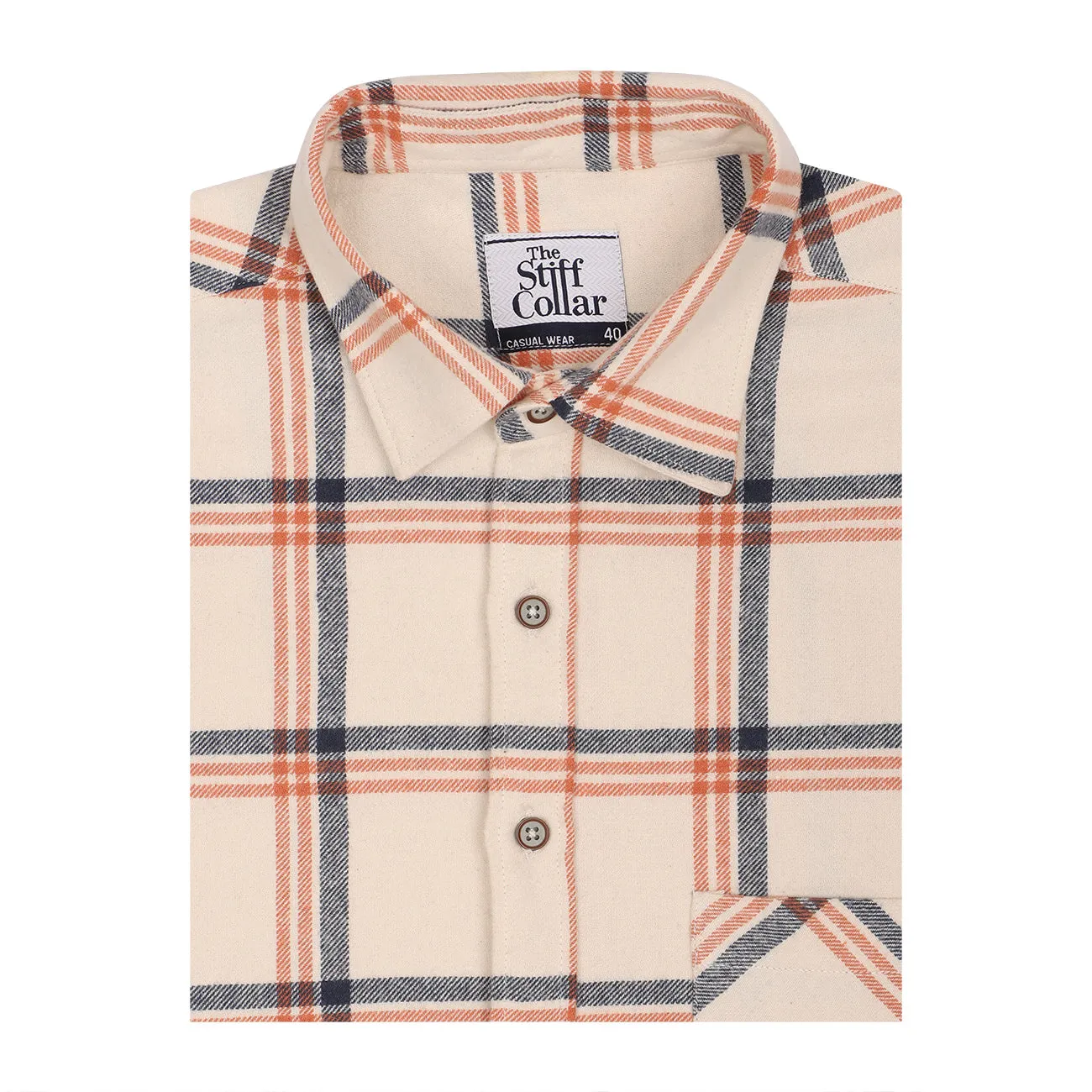 Seashell Cream Check Flannel Regular Fit Casual Shirt