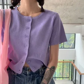 Short Sleeve Knitted Crop Top - Purple