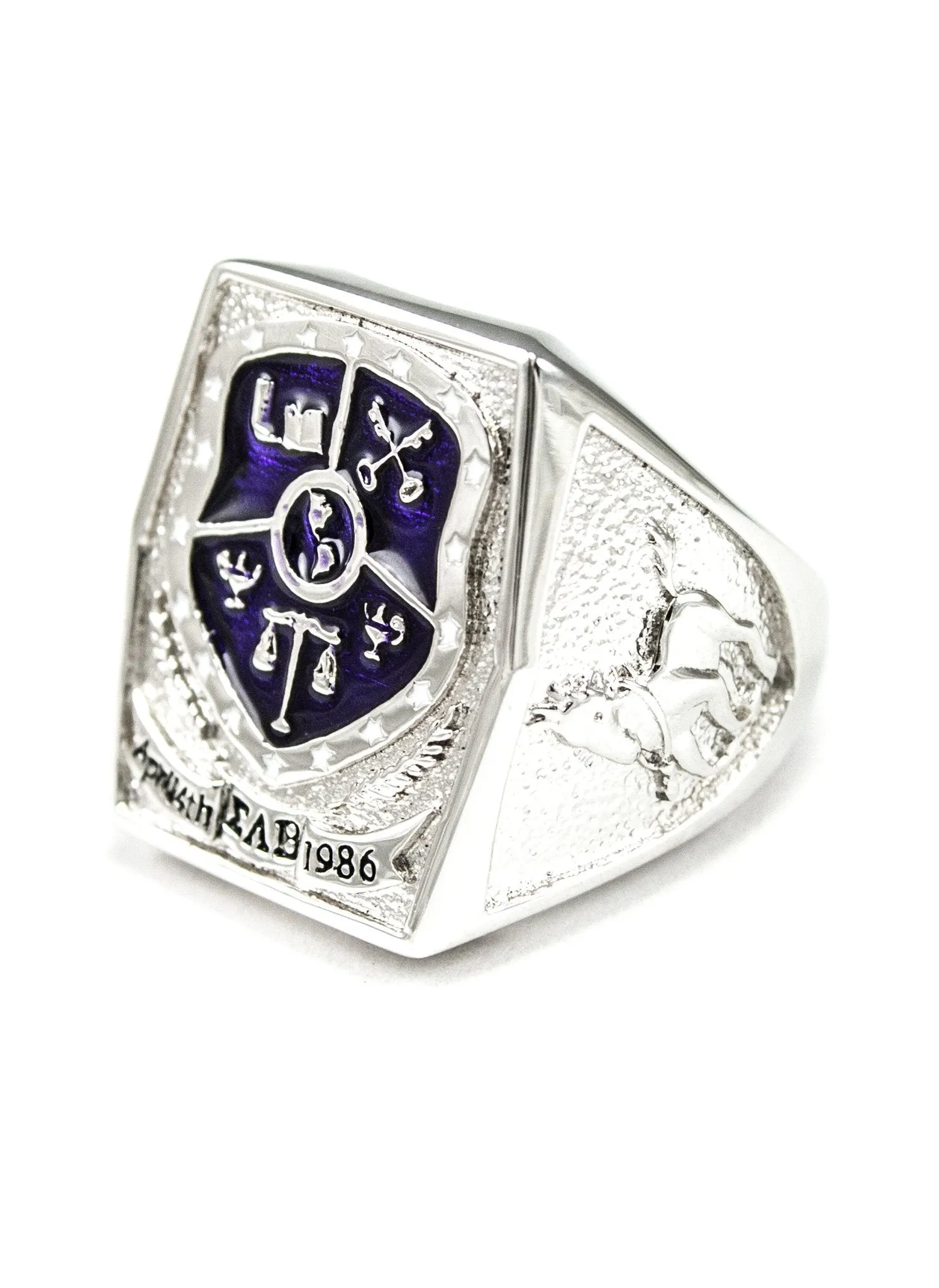 Sigma Lambda Beta Sterling Silver Crest Ring with Purple Enamel