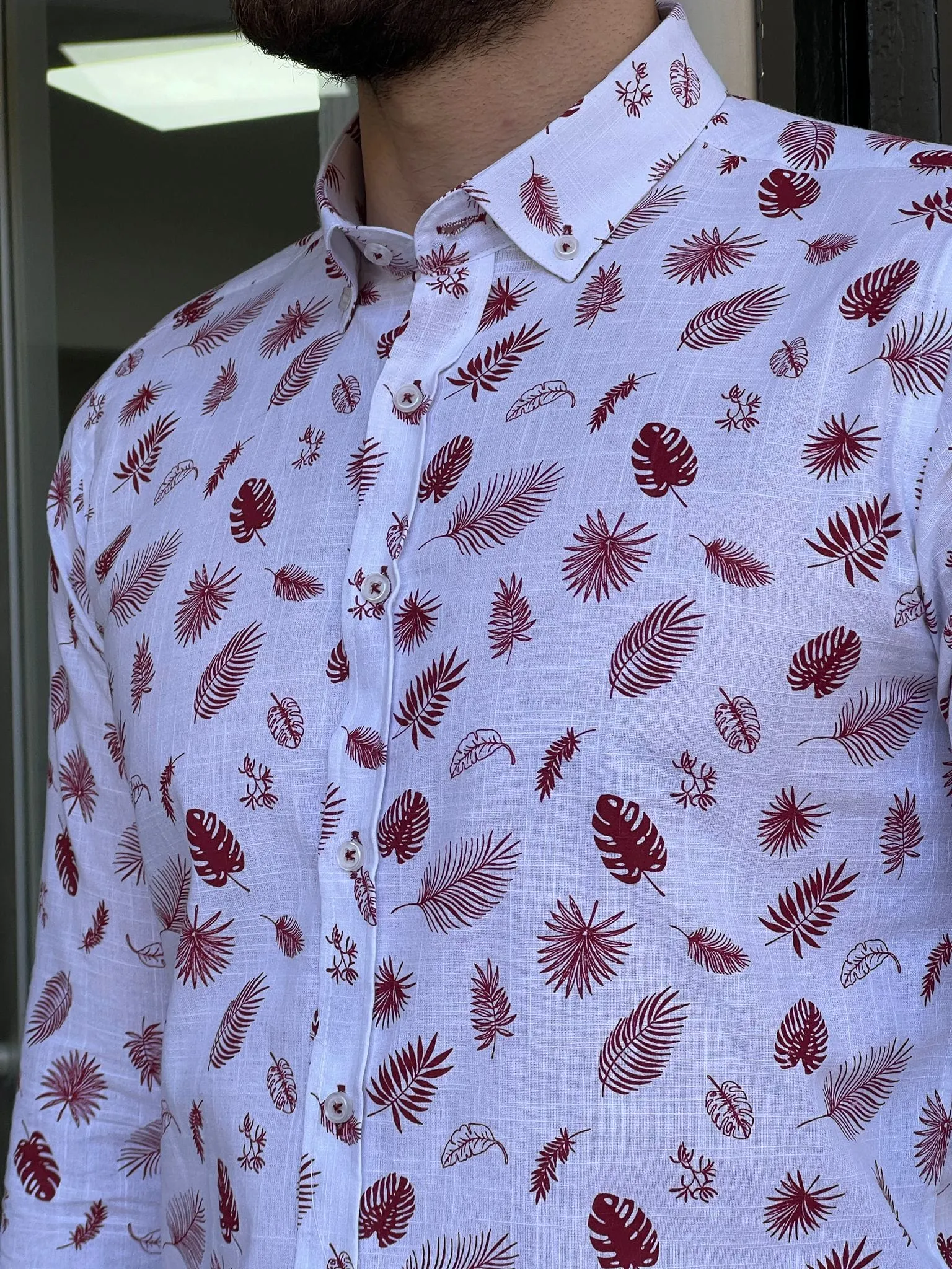 Slim Fit Leaf Pattern Claret-red Cotton Shirt