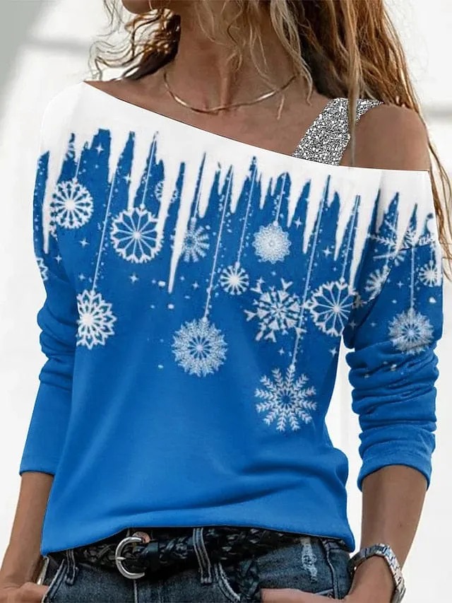 Snowflake Print Women's Off-Shoulder Christmas T-Shirt