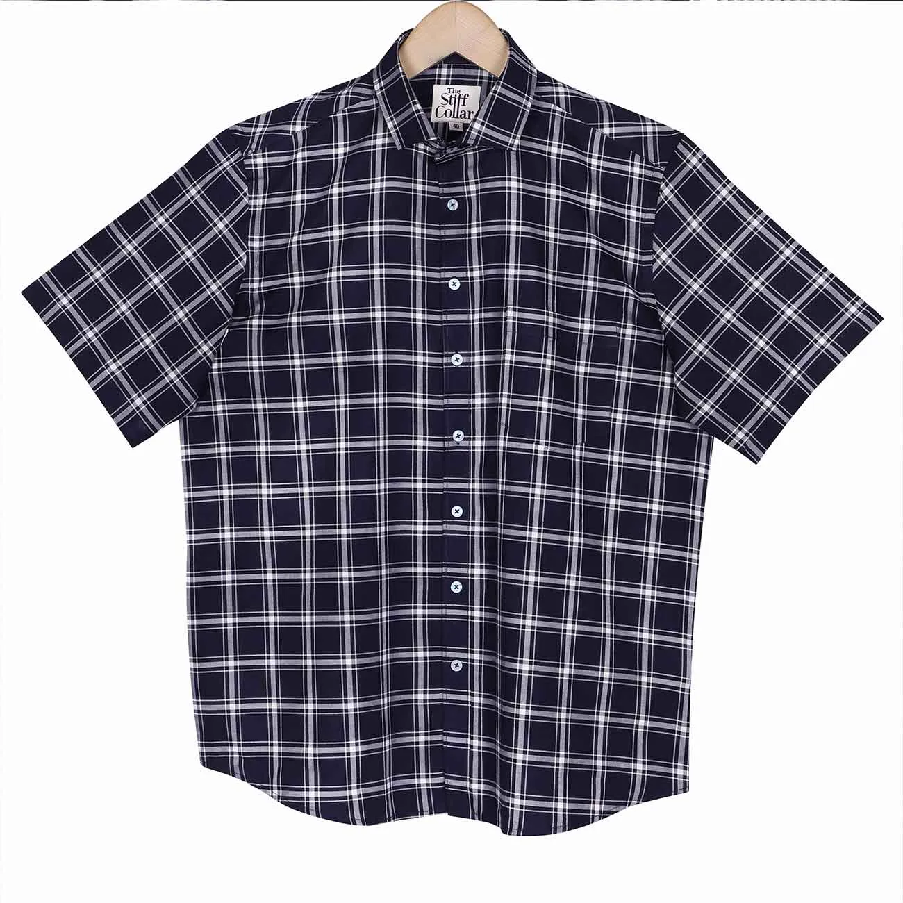 Space Navy Tartan Checks Half Sleeves Giza Cotton Shirt