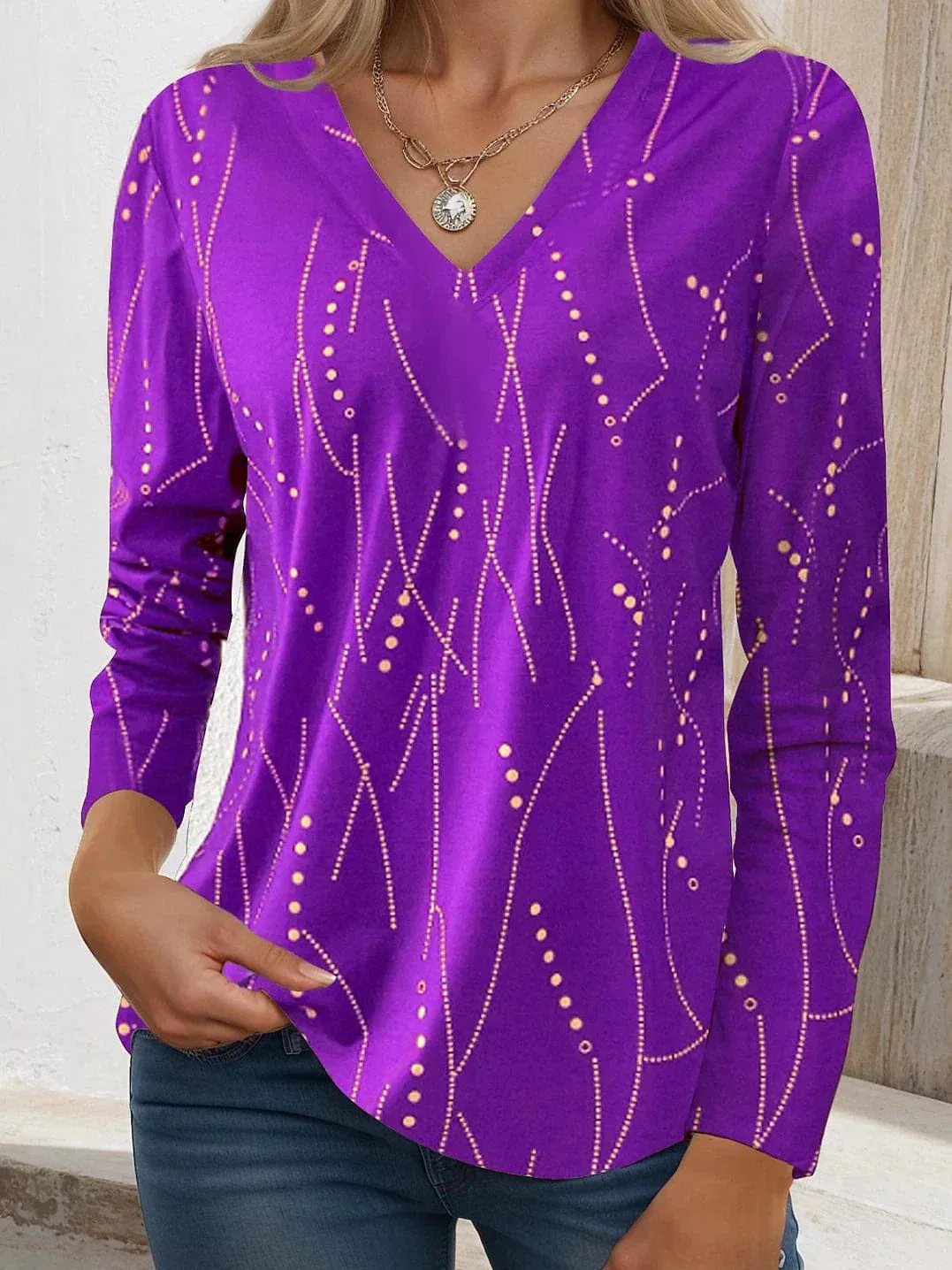 Striped Print Long Sleeve V-Neck T-Shirt for Women