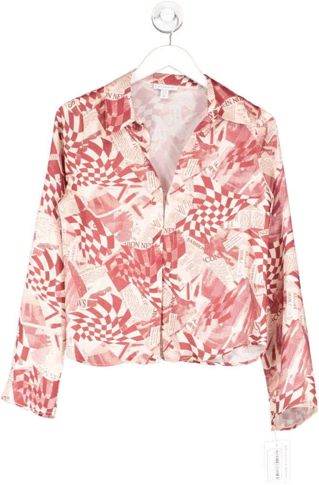 Topshop Red Newspaper Print Slim Satin Shirt UK 10