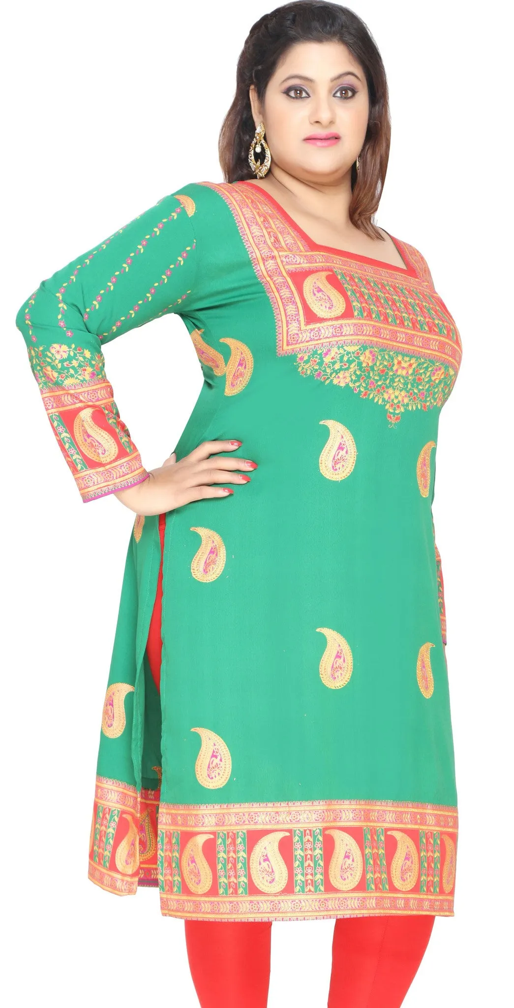 Tunic Long Top Kurti Womens Plus Size Indian Clothes (Green)