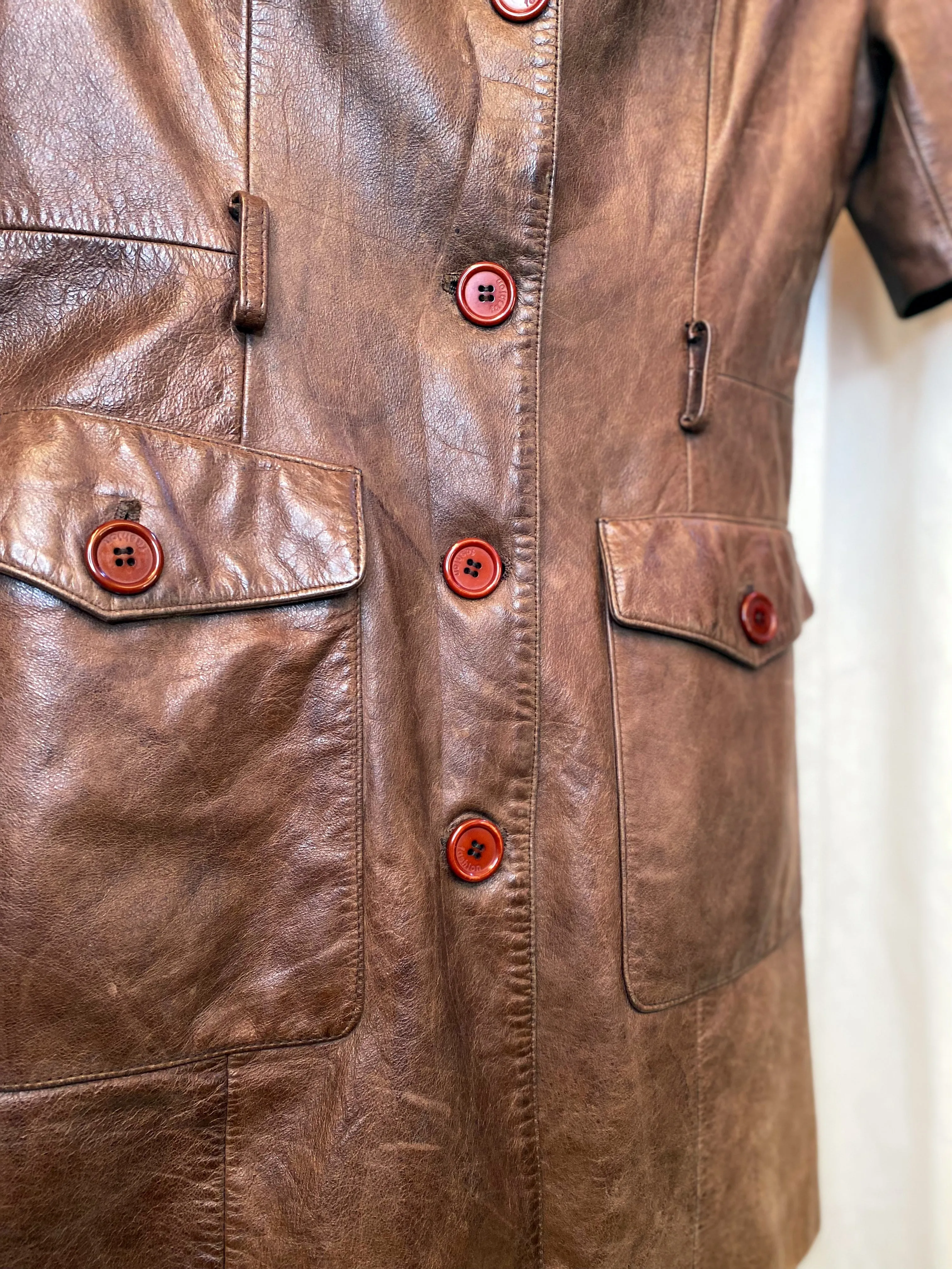 VINTAGE LEATHER SHIRT DRESS [ Brown Tan, Button Up, Size Small ]