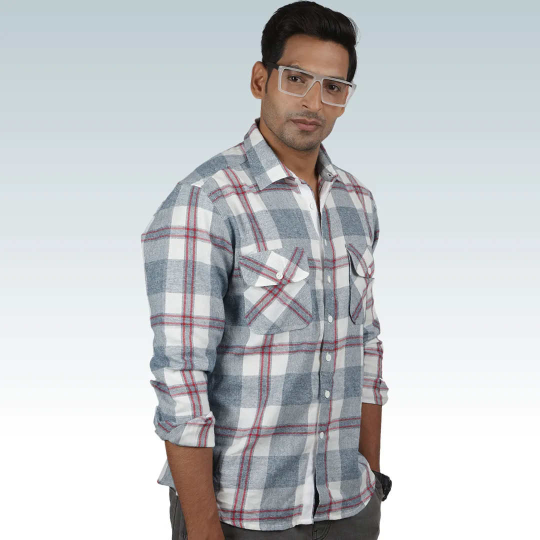 White Grey Check Enzyme Washed Shirt