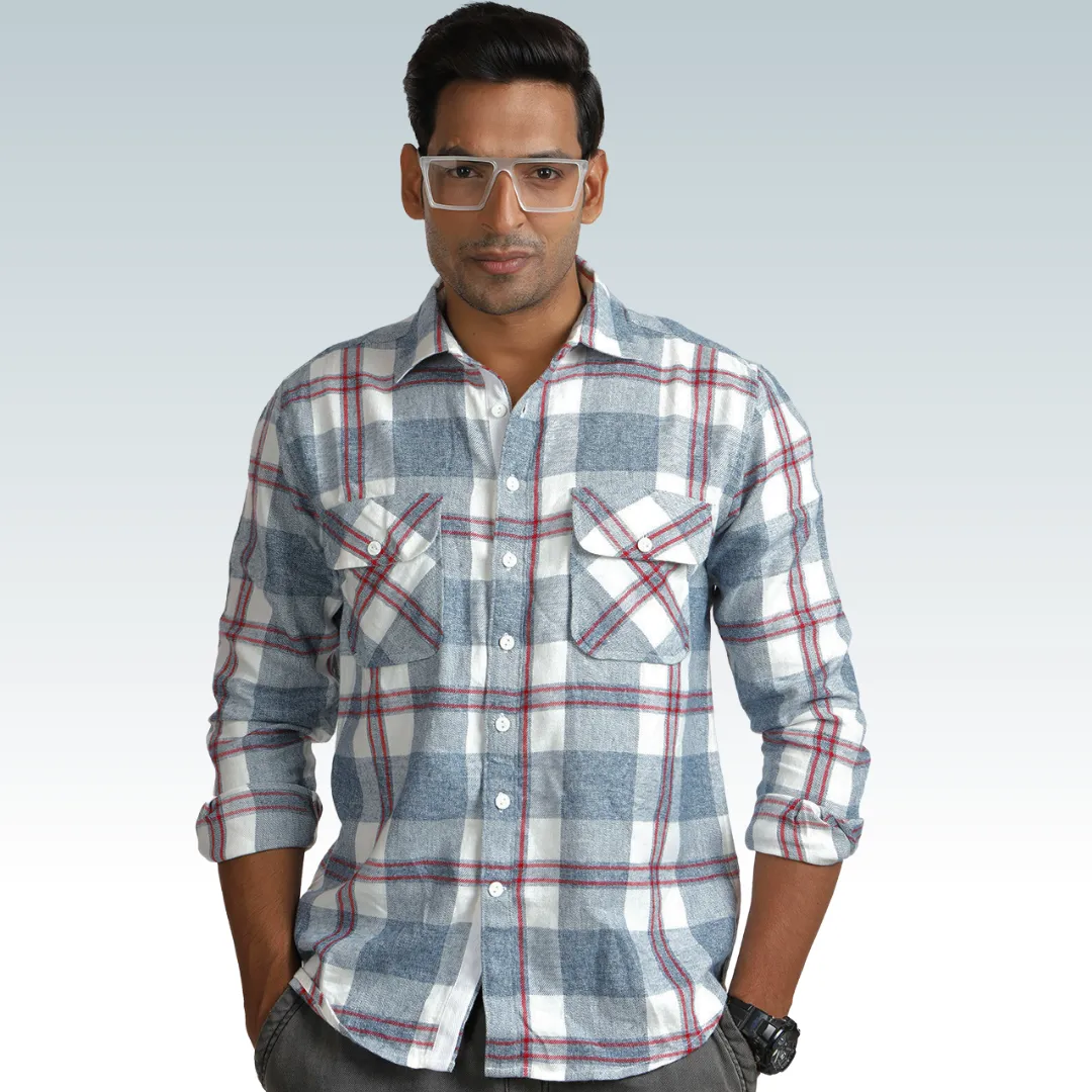 White Grey Check Enzyme Washed Shirt