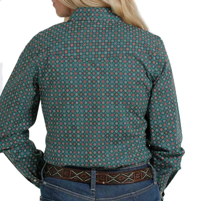 Women's Cinch Teal Retro Print Shirt