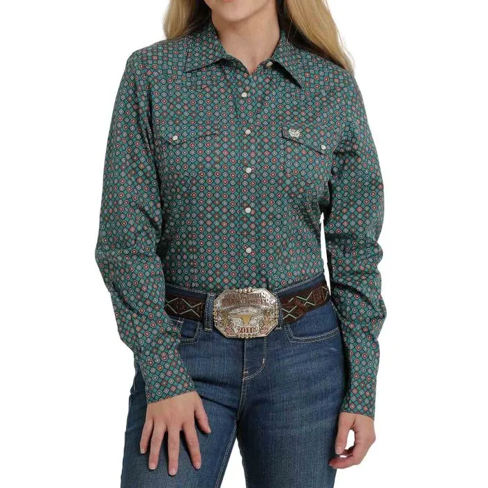 Women's Cinch Teal Retro Print Shirt