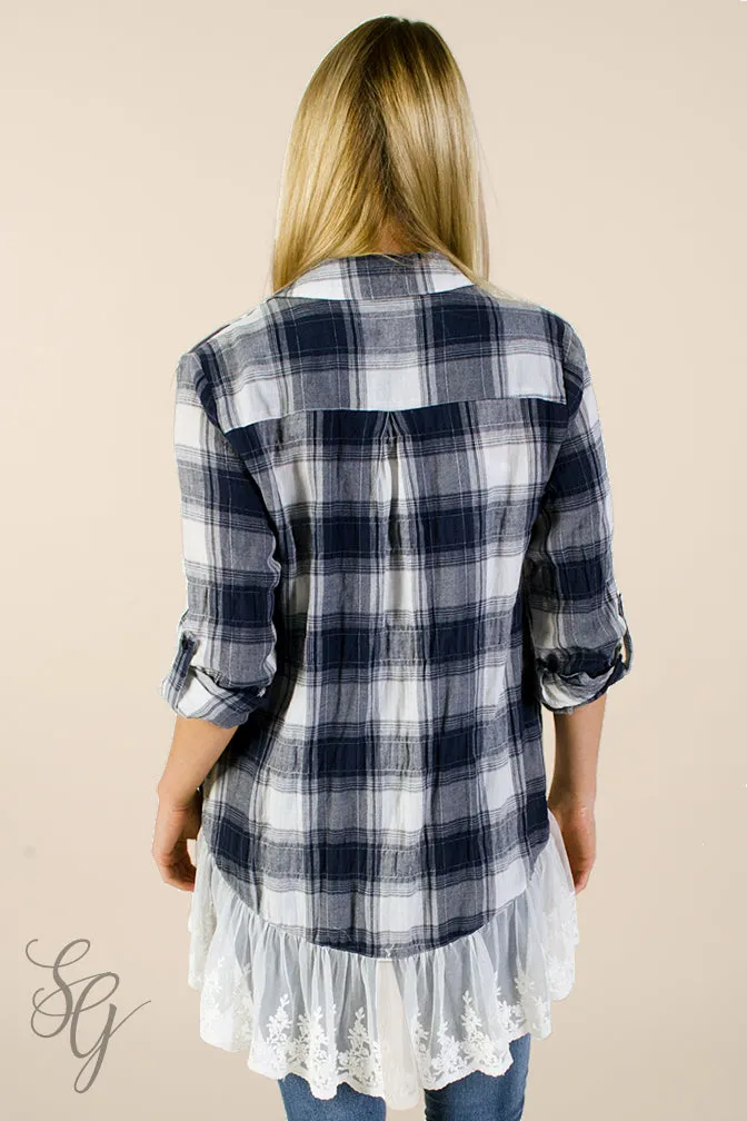 Women's Plaid and Lace Button Up Blouse